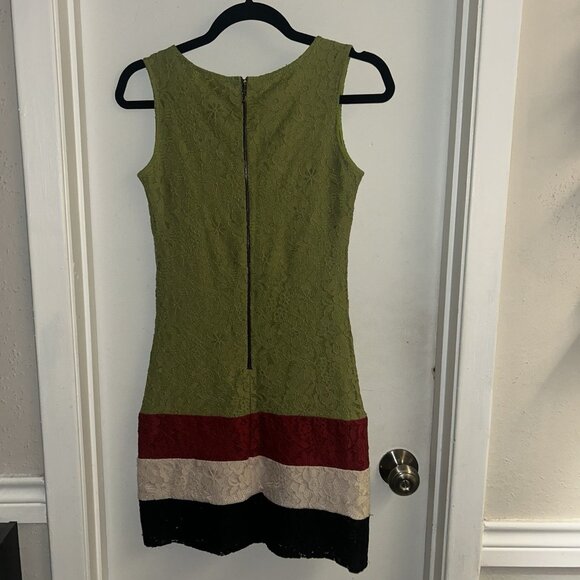 Zara Basic Green Color Block Floral Lace Retro Boho Mini Dress Jr Medium - Picture 5 of 7